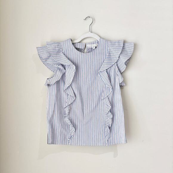 Veronica Beard Emert Striped Flutter Sleeve Ruffle Trim Blouse Top Blue/White 0 - Picture 2 of 5
